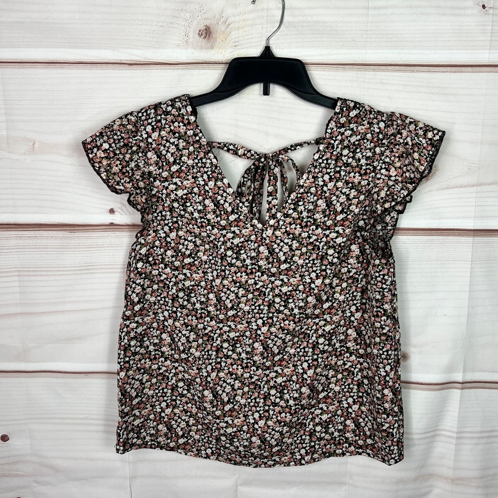 Cupshe Top Women M Multicolor Floral Blouse Flutter Sleeve V-Neck Tie Back Woven